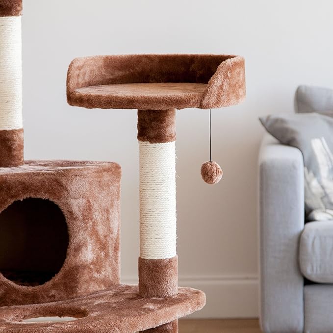 IRIS USA 3-Tier Plush Cat Tree with Hiding Place and Sisal Covered Rungs and Posts, Kitty Activity Center for Indoor and Outdoor Cats with Condo Scratching Posts Dangling Toys and Perches, Brown