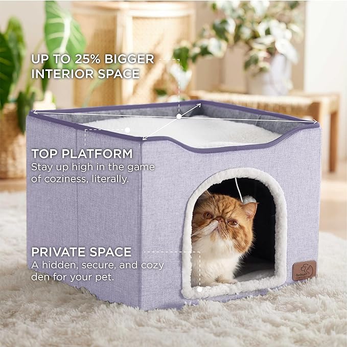 Bedsure Cat Beds for Indoor Cats - Large Cat Cave for Pet Cat House with Fluffy Ball Hanging and Scratch Pad, Foldable Cat Hideaway,16.5x16.5x13 inches, Light Purple