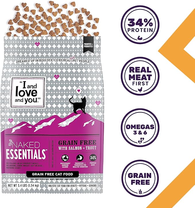 I and love and you Naked Essentials Dry Cat Food - Salmon + Trout - Grain Free, Real Meat, No Fillers, Prebiotics + Probiotics, 3.4lb Bag