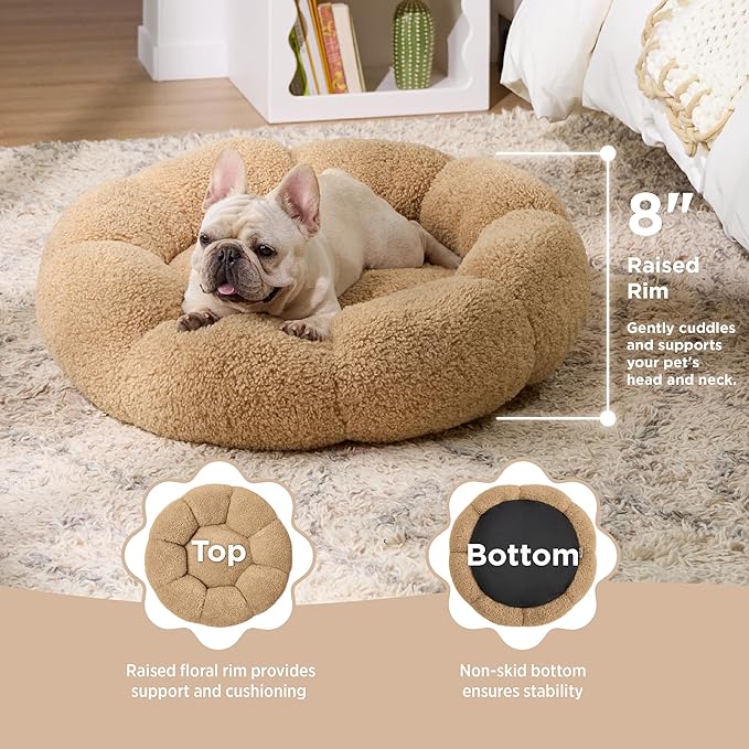Lesure Calming Medium Dog Bed - Flower Donut Round Fluffy Puppy Bed in Plush Teddy Sherpa, Non-Slip Cute Flower Cat Beds for Indoor Cats, Medium Pet Bed Fits up to 45 lbs, Machine Washable, Camel 30"