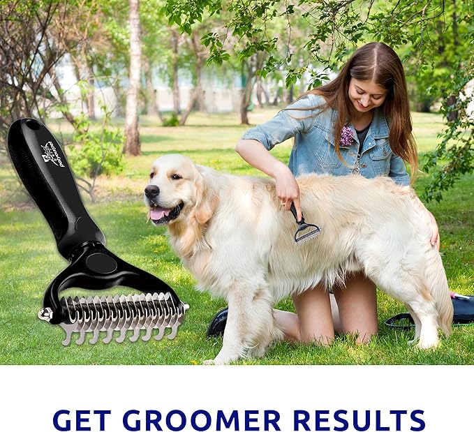 Pat your Pet Deshedding Dog Brush - Double Sided Undercoat Grooming Rake for Dogs & Cats, Dematting Comb and Shedding Tool, Extra Wide, Black