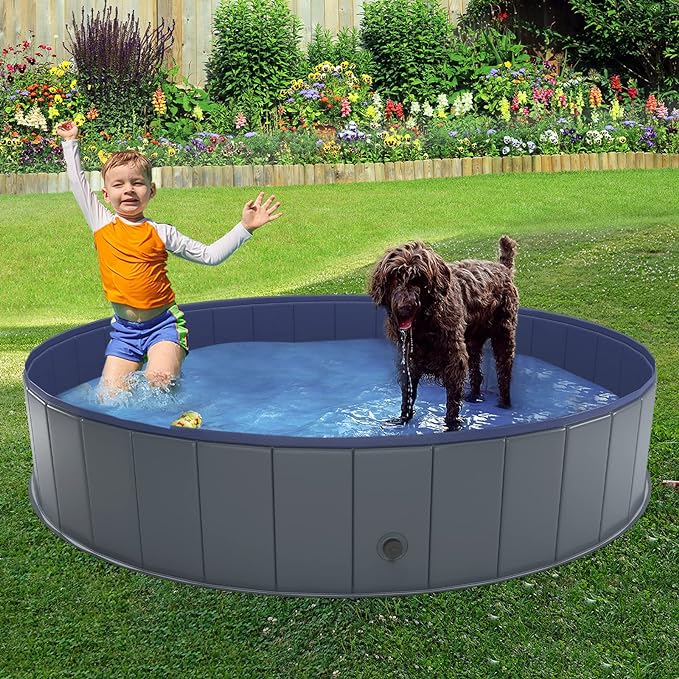 Niubya Foldable Dog Swimming Pool, Collapsible Hard Plastic, Portable Bath Tub for Pets Dogs and Cats, Pet Wading Pool for Indoor and Outdoor, 64 x 12 Inches