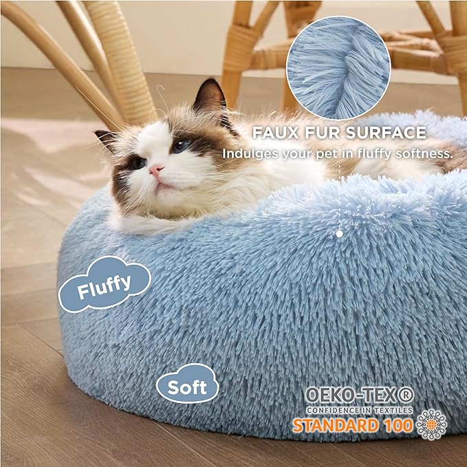 Bedsure Calming Cat Bed for Indoor Cats - Small Washable Round Cat Bed, Anti-Slip Fluffy Plush Faux Fur Pet Bed, Fits up to 15 lbs Pets, Blue, 20 inches