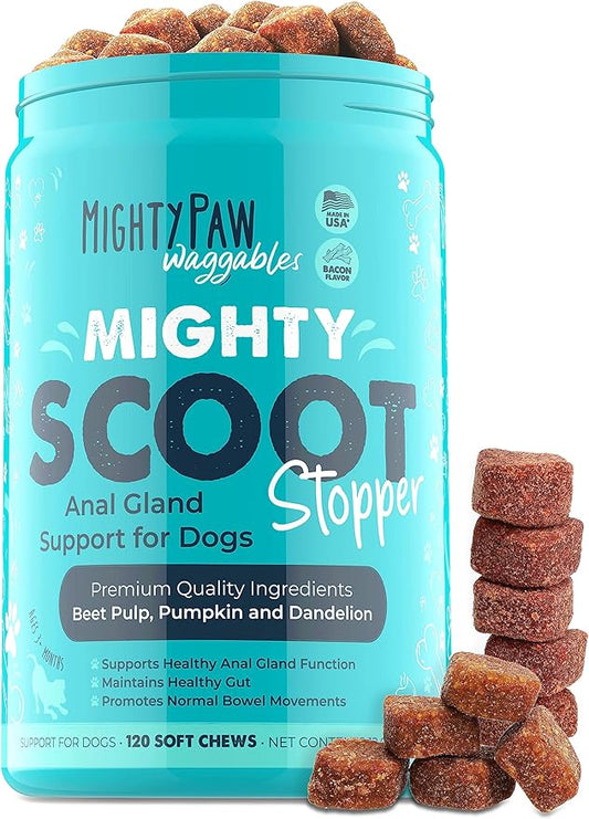 Mighty Paw Waggables Mighty Scoot (Made in USA) | Dog Digestive Support Anal Gland Chews. Dog Anal Gland Scoot for Dogs. Beet Pulp & Pumpkin Dog Fiber Supplements. Pet Bowel Gut Health (120 Count)