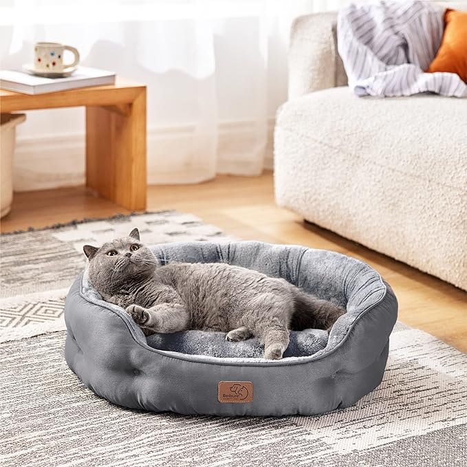 Bedsure Dog Beds for Small Dogs - Round Cat Beds for Indoor Cats, Washable Pet Bed for Puppy and Kitten with Slip-Resistant Bottom, 25 Inches, Grey