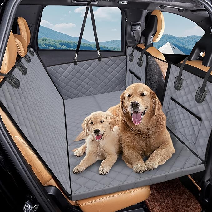 Dog Car Back Seat Extender Cover,Hard Bottom Scratchproof and Waterproof Protector,with Mesh Window and Storage Pocket for Car,SUVs,Trucks Gray