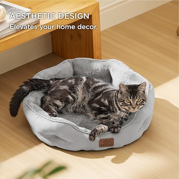 Bedsure Dog Beds for Small Dogs - Round Cat Beds for Indoor Cats, Washable Pet Bed for Puppy and Kitten with Slip-Resistant Bottom, 20 Inches, Pale Grey