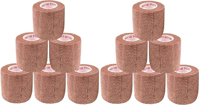 2 Inch Vet Wrap Tape Bulk (Brown) (Pack of 12) Self Adhesive Adherent Adhering Flex Bandage Grip Roll for Dog Cat Pet Horse