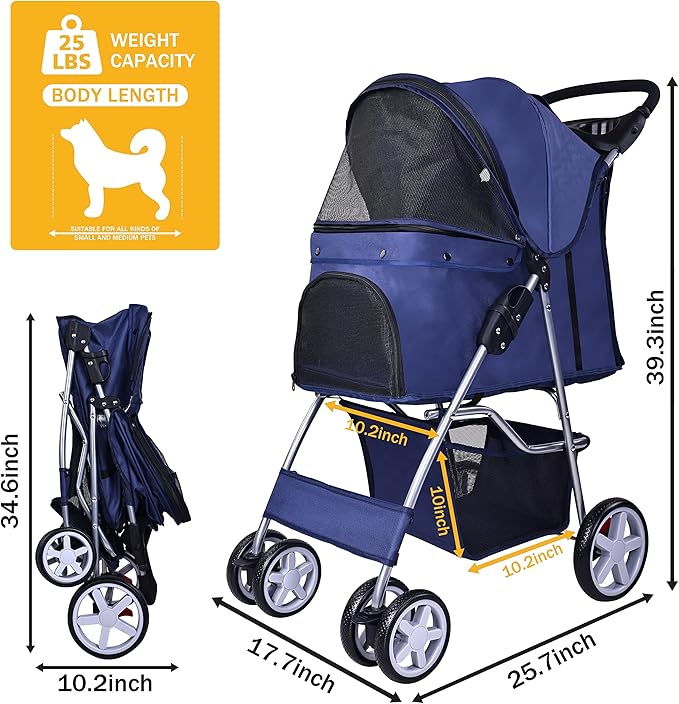 Pet Stroller, 4 Wheels Multifunction Dog Cat Stroller, Folding Portable Travel Stroller with Detachable Carrier, Suitable for Medium Small Dogs Cats, Blue