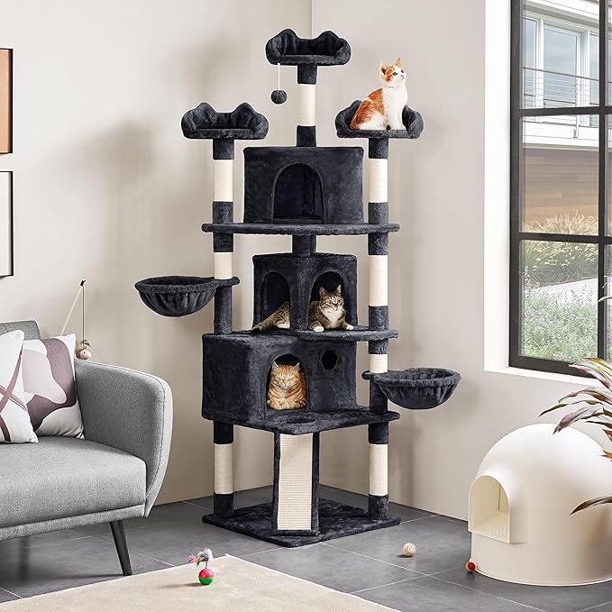 Yaheetech 76.5in Tall Cat Tree Cat Tower with 9 Scratching Posts, 3 Condos, 3 Cozy Perches, 2 Baskets, Dangling Ball, Pet Bed Furniture Activity Center for Indoor Cats Large Kittens, Black