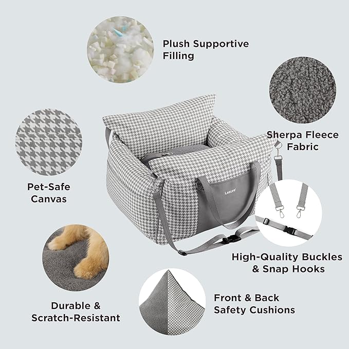 Lesure Small Dog Car Seat for Small Dogs - Waterproof Dog Booster Seat for Car with Storage Pockets and Clip-On Safety Leash and Thickened Memory Foam Filling, Pet Travel Carrier Bed Grey Houndstooth