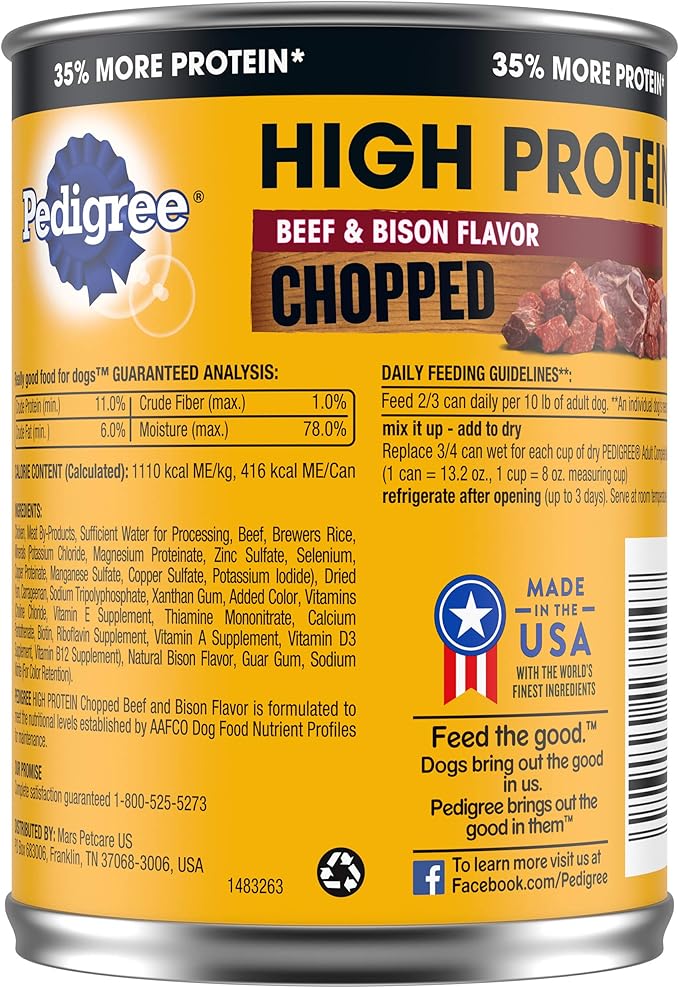 PEDIGREE High Protein Adult Canned Soft Wet Dog Food, Chopped Beef & Bison Flavor, (12) 13.2 oz. Cans