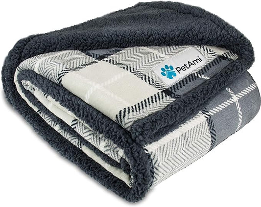 PetAmi Waterproof Dog Blanket for Small Medium Dog, Pet Puppy Blanket Couch Cover Protection Sherpa Fleece Cat Blanket Couch Sofa Bed Furniture Protector Reversible Soft Washable 29x40 Plaid Charcoal