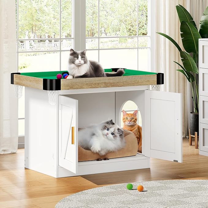 DWVO 2-in-1 Litter Box Enclosure Hidden with Cat Pool Table, Cat Litter Box Enclosure Furniture for Indoor, Wooden Cat Cabinet with Mini Pool Table Tower, 1 Feather Teaser Sticks & 6 Felt Balls, White