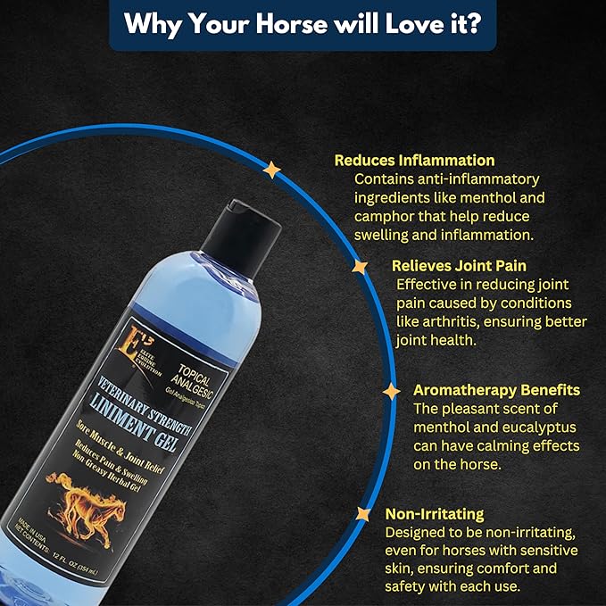 E3 Liniment Gel for Horses, 12oz - Fast Acting Pain Relief, Soothes Sore Muscles and Joints, Cooling Effect, Easy Application, Vet Approved