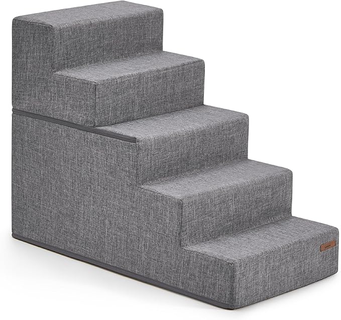 Lesure Dog Stairs for Small Dogs - Pet Stairs for High Beds and Couch, Folding Pet Steps with CertiPUR-US Certified Foam for Cat and Doggy, Non-Slip Bottom Dog Steps, Grey Linen, 5 Steps