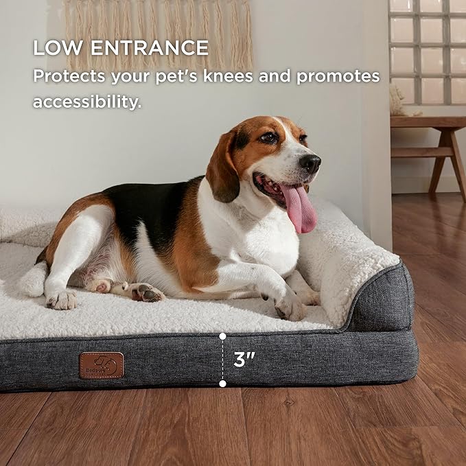 Bedsure Memory Foam Dog Bed for Extra Large Dogs - Orthopedic Egg Foam Dog Sofa Bed with Soft Sherpa Surface, Bolster Pet Couch with Removable Washable Cover, Waterproof Layer and Nonskid Bottom, Grey