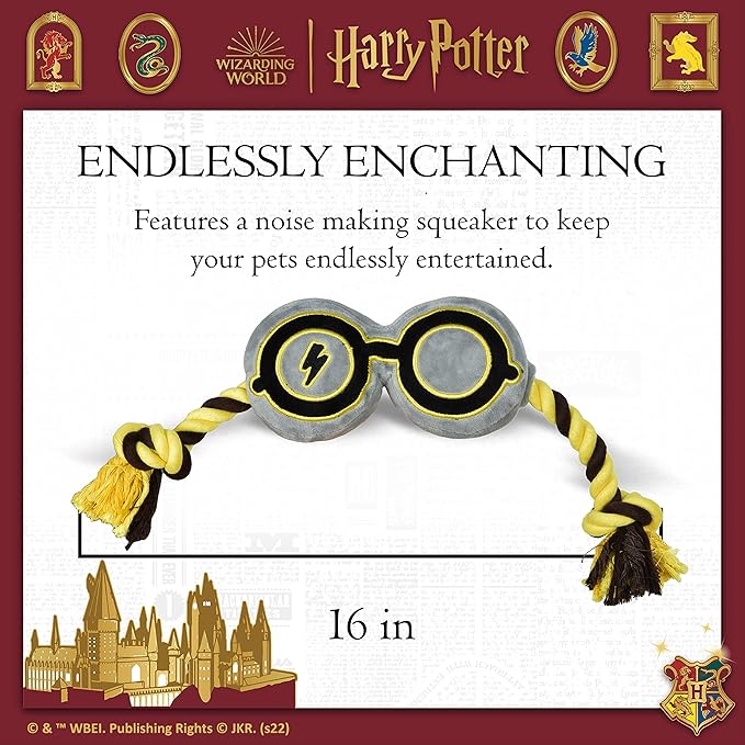 HARRY POTTER HP Glasses Rope Pull Pet Toy | Rope Squeaky Dog Toy in Design | Dog Tug Toy with Rope and Squeakers | Dog Toys for Fans, 16 inch (FF18911)