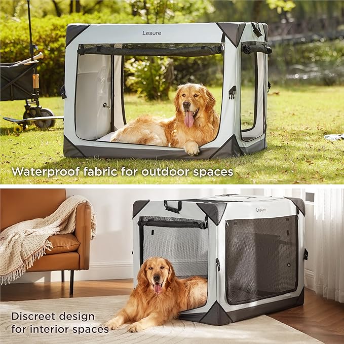 Lesure Collapsible Dog Crate - Portable Dog Travel Crate Kennel for Extra Large Dog, 4-Door Pet Crate with Durable Mesh Windows, Indoor & Outdoor (Light Gray)