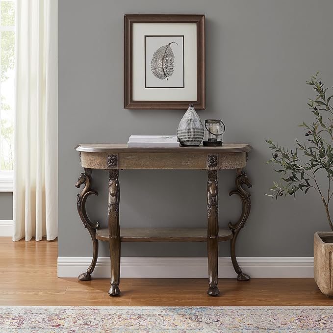 Powell Pewter Flicka Horse Hoof Cast Legs and Distressed Wood Console Table