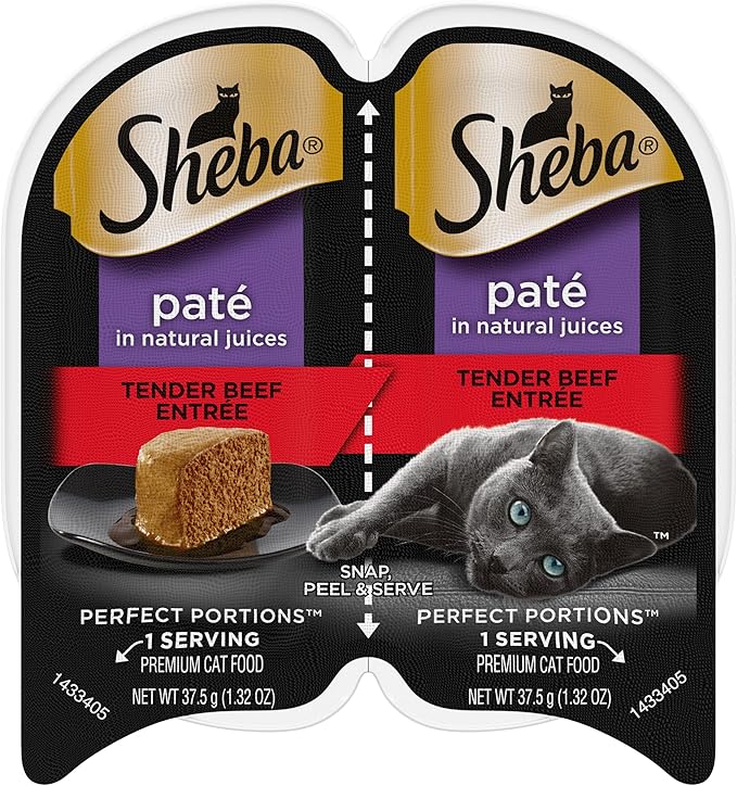 Sheba Wet Food PERFECT PORTIONS Paté Adult Wet Cat Food Trays (24 Count, 48 Servings), Tender Beef Entrée, Easy Peel Twin-Pack Trays