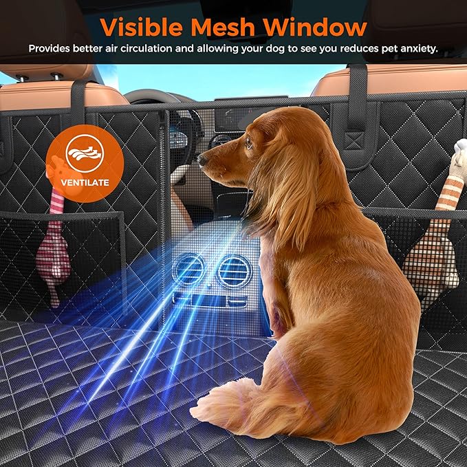 Dog Car Seat Cover for Back Seat, Waterproof Back Seat Extender for Dogs Supports 400lbs, Hard Bottom Dog Car Seat Cover with Mesh Window and Storage Pocket for Car SUV