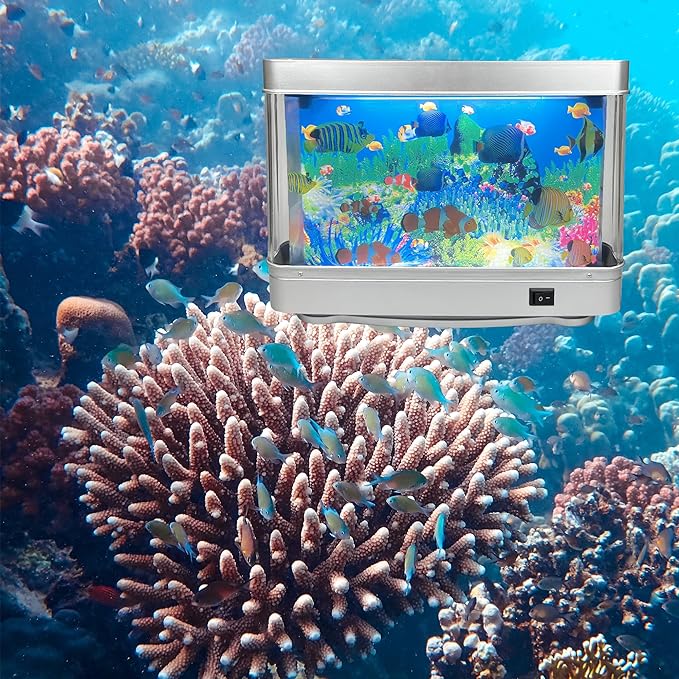 Fake Fish Tank Mini Aquarium,Artificial Tropical Fish Decorative,Fake Aquarium Decorative Lamp,Aquarium Lights Motion Lamp Night Light with Moving Fish,Gift for Kids(US Plug)
