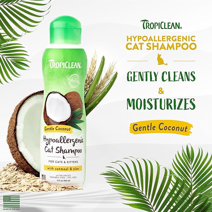 TropiClean Coconut Hypoallergenic Cat Shampoo | Gentle Kitten Shampoo for Sensitive Skin | Natural Shampoo Derived from Natural Ingredients | Made in The USA | 12 oz.