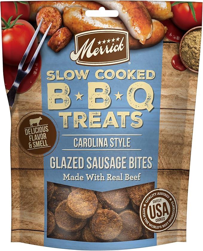 Merrick Chewy Dog Treats, Slow Cooked BBQ Beef Dog Treats, Carolina Style Glazed Sausage Bites, Beef Dog Chews - 10 oz. Pouch