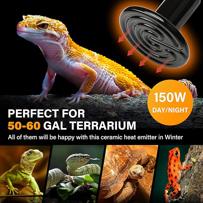 HealSmart Reptile Heat Lamp 150W 2-Pack Ceramic Heat Emitter, No Light Emitting Heat Bulbs for Amphibian Pet Brooder Coop Incubating Chicken, Lizard Bearded Dragon Turtle Snake Terrarium Black