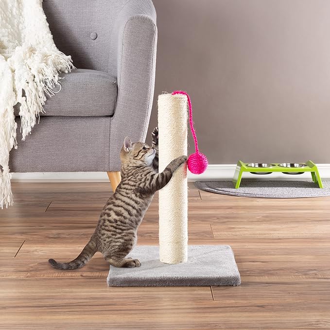 17-Inch Cat Scratching Post - Sisal Rope and Carpet Scratching Pole with Bright Pink Hanging Ball Toy for Adult Cats and Kittens by PETMAKER (Gray)