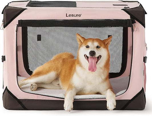 Lesure Collapsible Dog Crate - Portable Dog Travel Crate Kennel for Medium Dog, 4-Door Pet Crate with Durable Mesh Windows, Indoor & Outdoor (Pink)