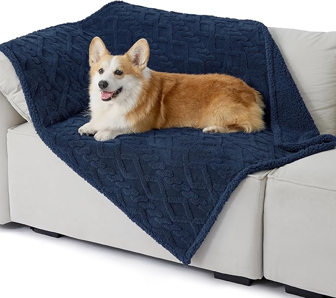 Bedsure Waterproof Dog Blankets for Medium Dogs - Pet Blanket for Couch Protector Washable, Premium Jacquard Coral Fleece Cat Throw Blanket, Soft Plush Reversible Furniture Protection, 30"x40", Navy