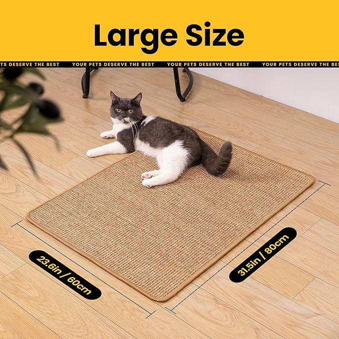 Cat Scratcher Mat,Natural Sisal Cat Scratch Pad with Sticky Velcro Tapes,Horizontal Floor Cat Scratching Pads Rug for Indoor Cats,Cat Furniture Protector for Couch&Carpets&Sofas(L,31.5"X23.6")