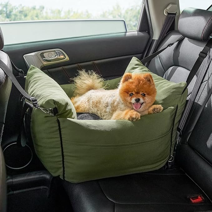 Lesure Small Dog Car Seat for Small Dogs - Waterproof Dog Booster Seat for Car with Storage Pockets and Clip-On Safety Leash and Thickened Memory Foam Filling, Pet Travel Carrier Bed Cypress Green