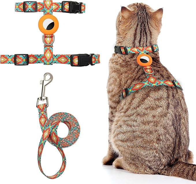 Cat Harness and Leash Escape Proof for Walking Travel Outdoor - Soft Nylon Adjustable Cute Cat Harness Leash Set with Airtag Holder for Small Large Cats