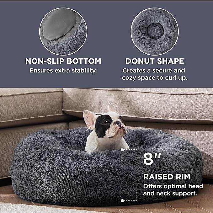 Bedsure Calming Dog Bed for Medium Dogs - Donut Washable Medium Pet Bed, 30 inches Anti-Slip Round Fluffy Plush Faux Fur Cat Bed, Fits up to 45 lbs Pets, Dark Grey