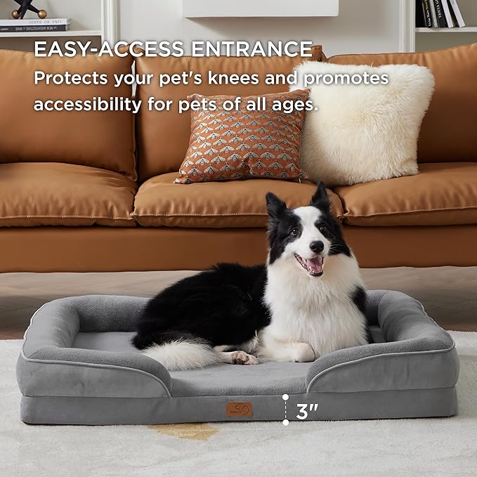 Bedsure Orthopedic Dog Bed for Large Dogs - Big Washable Dog Sofa Beds Large, Supportive Foam Pet Couch Bed with Removable Washable Cover, Waterproof Lining and Nonskid Bottom, Grey