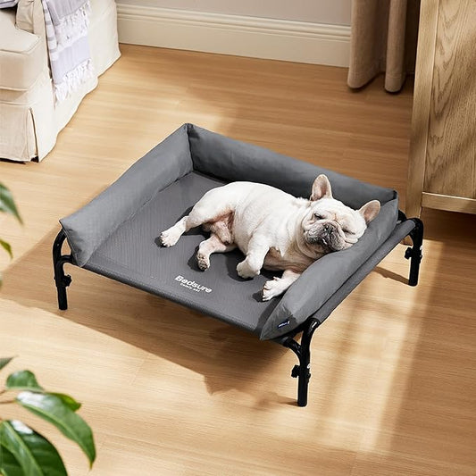 Bedsure Elevated Raised Outdoor Dog Bed - Cooling Dog Cot Bed with Bolster for Medium Dog, Lifted Pet Bed with Durable Breathable Teslin Mesh, Dog Hammock Bed with Non-Slip Feet, Grey, 32 inches