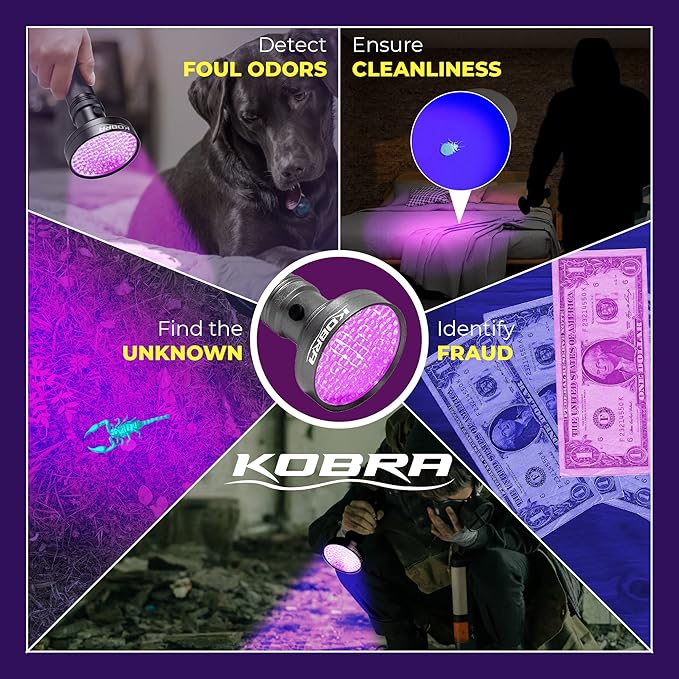 Kobra Black Light Flashlight 100 LED Lamp and Blacklight for Home & Hotel Inspection, Pet Urine & Stains - Ultra Intensity 18W 385-395nm LEDs Spot Counterfeit Money, Leaks, Scorpions (100 LED)