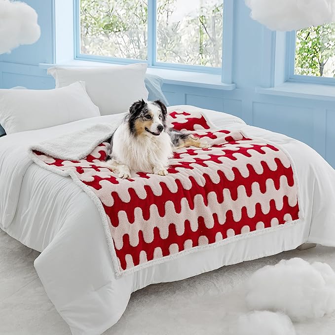Lesure Waterproof Dog Blanket for Large Dogs - Washable Double Sided Dog Blankets with Warm Jacquard Shag and Soft Sherpa Fleece, Pet Cat blanket for Bed Couch Protection, 3D Textured Wave, Red