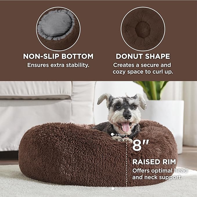 Bedsure Calming Dog Bed for Small Dogs - Donut Washable Small Pet Bed, 23 inches Anti-Slip Round Fluffy Plush Faux Fur Large Cat Bed, Fits up to 25 lbs Pets, Coffee