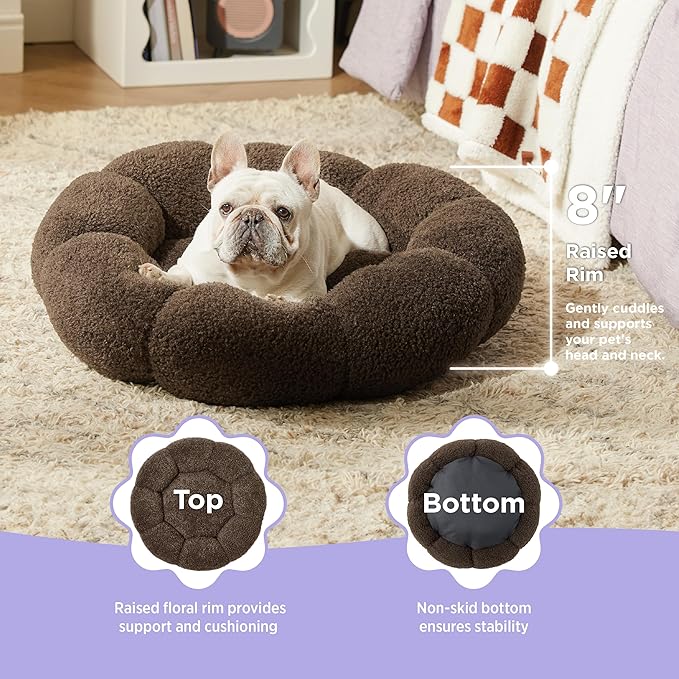Lesure Calming Medium Dog Bed - Flower Donut Round Fluffy Puppy Bed in Plush Teddy Sherpa, Non-Slip Cute Flower Cat Bed for Indoor Cat, Medium Pet Bed Fits up to 45 lbs, Machine Washable, Espresso 30"