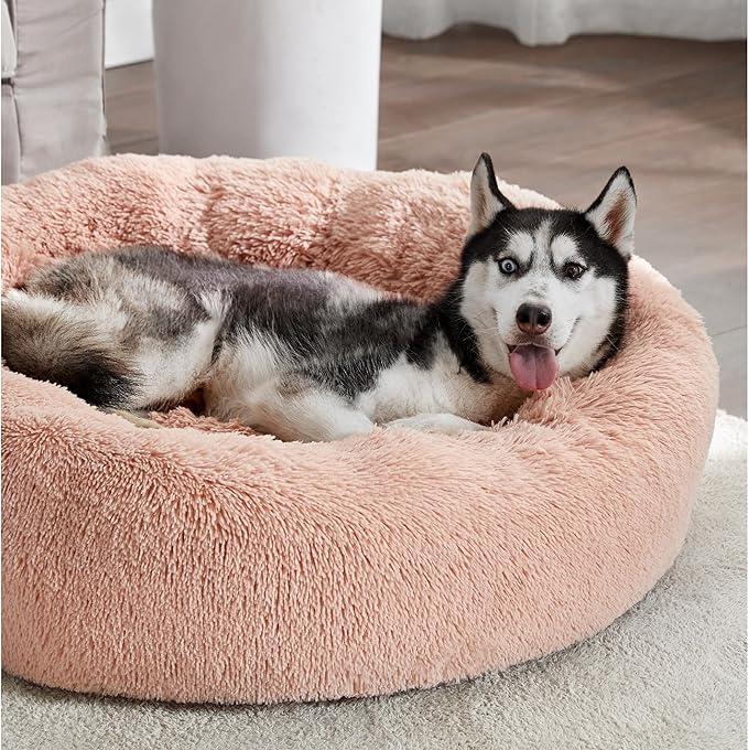 Bedsure Calming Dog Bed for Large Dogs - Donut Washable Large Pet Bed, 36 inches Anti-Slip Round Fluffy Plush Faux Fur Dog Bed, Fits up to 100 lbs Pets, Pink