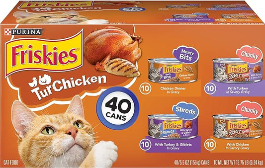 Purina Friskies Gravy Wet Cat Food Variety Pack, TurChicken Extra Gravy Chunky, Meaty Bits & Shreds - (Pack of 40) 5.5 oz. Cans