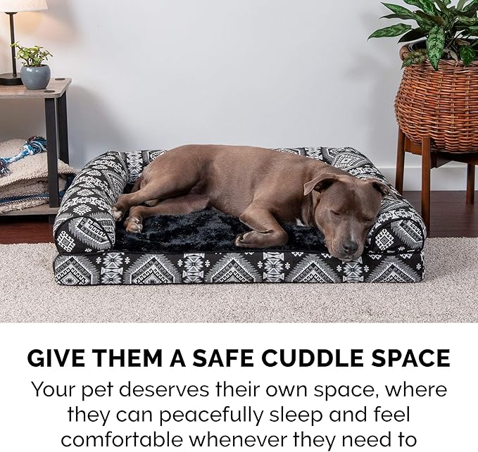 Furhaven Orthopedic Dog Bed for Large Dogs w/ Removable Bolsters & Washable Cover, For Dogs Up to 125 lbs - Plush & Southwest Kilim Woven Decor Sofa - Black Medallion, Jumbo Plus/XXL