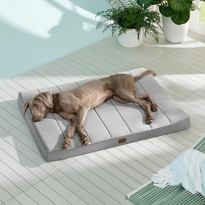 Bedsure Cooling Gel Foam Dog Bed for Large Dogs, Waterproof Orthopedic Egg Foam Dog Bed for Outdoor, Summer Comfort Pet Mats for Crate with Washable Cover(44"x32", Grey)