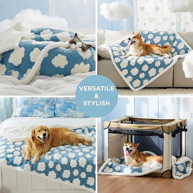 Lesure Waterproof Dog Blanket for Large Dogs - Washable Double Sided Dog Blankets with Warm Jacquard Shag and Soft Sherpa Fleece, Pet Cat blanket for King Bed Protection, 3D Textured Cloud, Blue