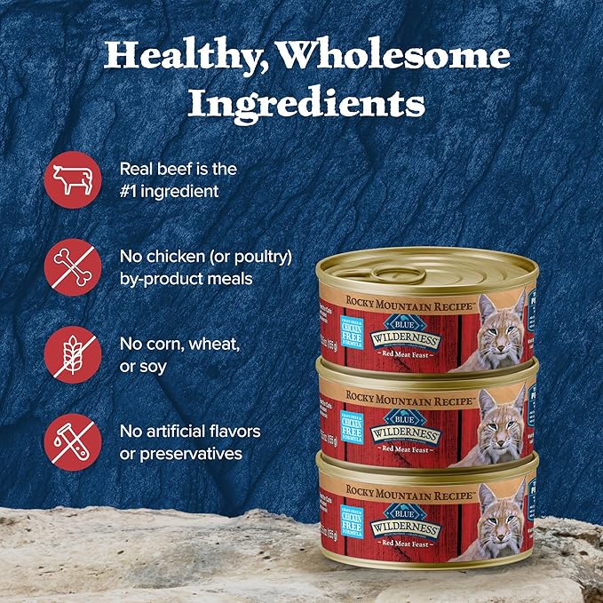 Blue Buffalo Wilderness Rocky Mountain Recipe Adult Wet Cat Food Paté, Chicken-Free & Grain-Free Recipe, Made with Natural Ingredients, Red Meat Feast, 5.5-oz. Cans (24 Count)