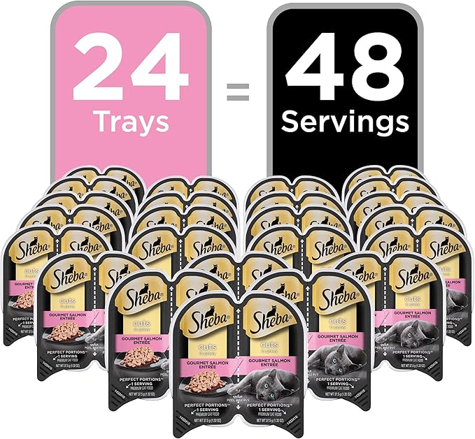 SHEBA PERFECT PORTIONS Cuts in Gravy Adult Wet Cat Food Trays (24 Count, 48 Servings), Gourmet Salmon Entrée, Easy Peel Twin-Pack Trays